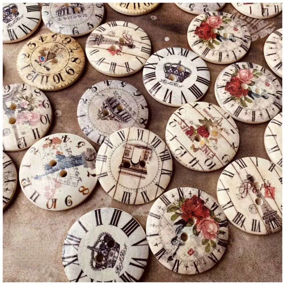 NWT Vintage Shabby Chic Wooden Clock Buttons Floral Crown Lot of 30